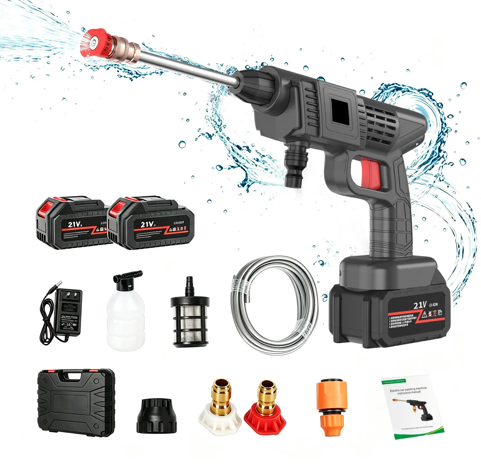 21V Cordless Pressure Washer Kit, Portable Multi-Cleaning Power Cleaner with 21V Li-ion INR18650 Rechargeable Battery, Adjustable Flow Electric Washing Gun for Outdoor Users, Car Cleaning
