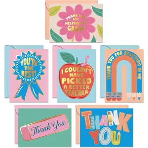 et of 24 School Teacher Appreciation Cards - 6 Assorted Thank You Notes Designs - Cute Thanks Messages with Envelopes - Kids Grateful Slips for Mentor & Coach - Gratitude Sheets for Professors
