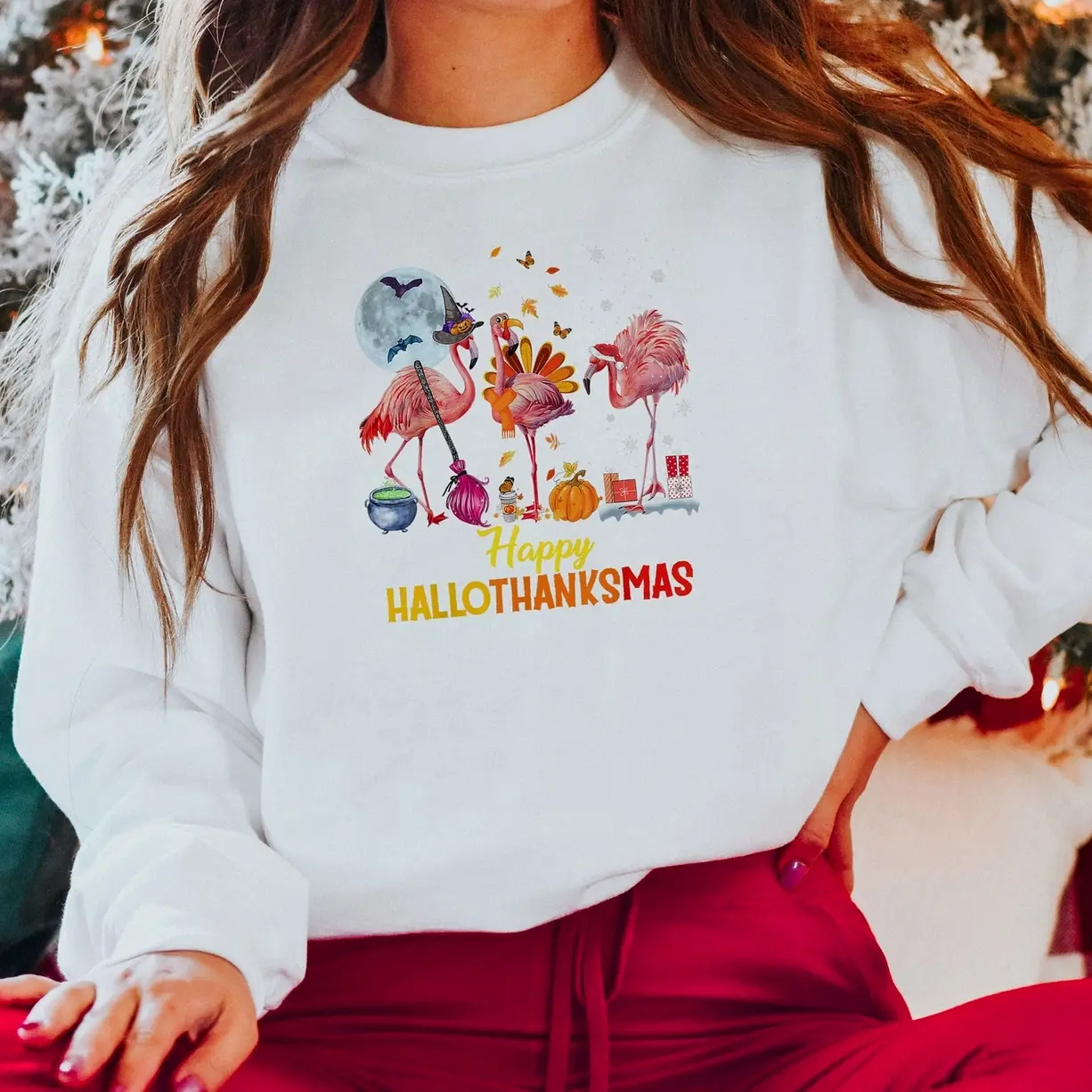 Hallothanksmas Flamingo Sweatshirt - Christmas Flamingo Hoodie - Halloween Pink Flamingo Lovers Sweat - Thanksgiving Flamingo Graphic Sweatshirt/Hoodie/T-Shirt Gift Unisex, for Men Women DZ4