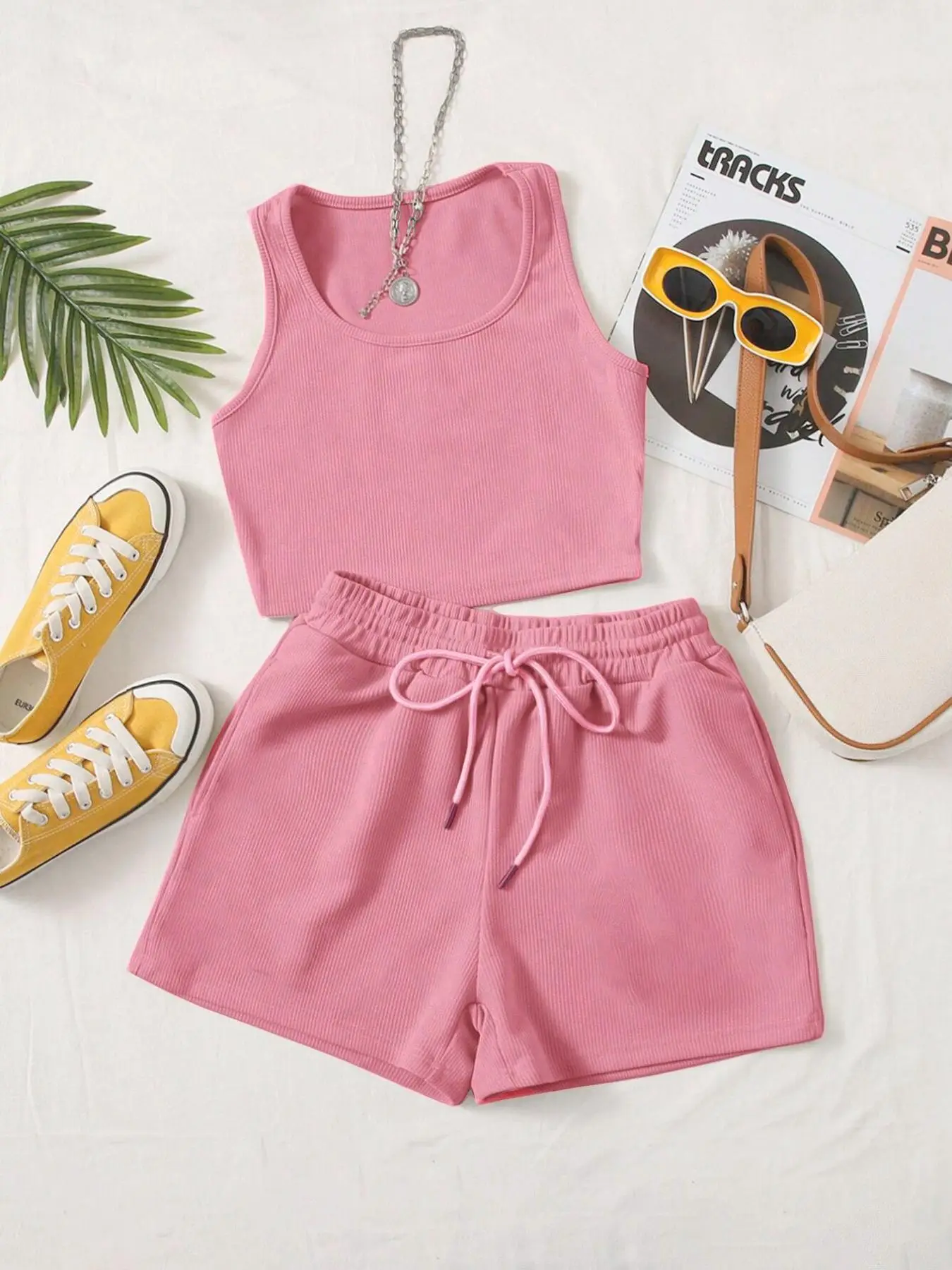 Women's Solid Scoop Neck Crop Tank Top & Drawstring Shorts Ribbed Set, Casual Sleeveless Top & Elastic Waist Bottoms Set for Summer, Summer Sets, Back