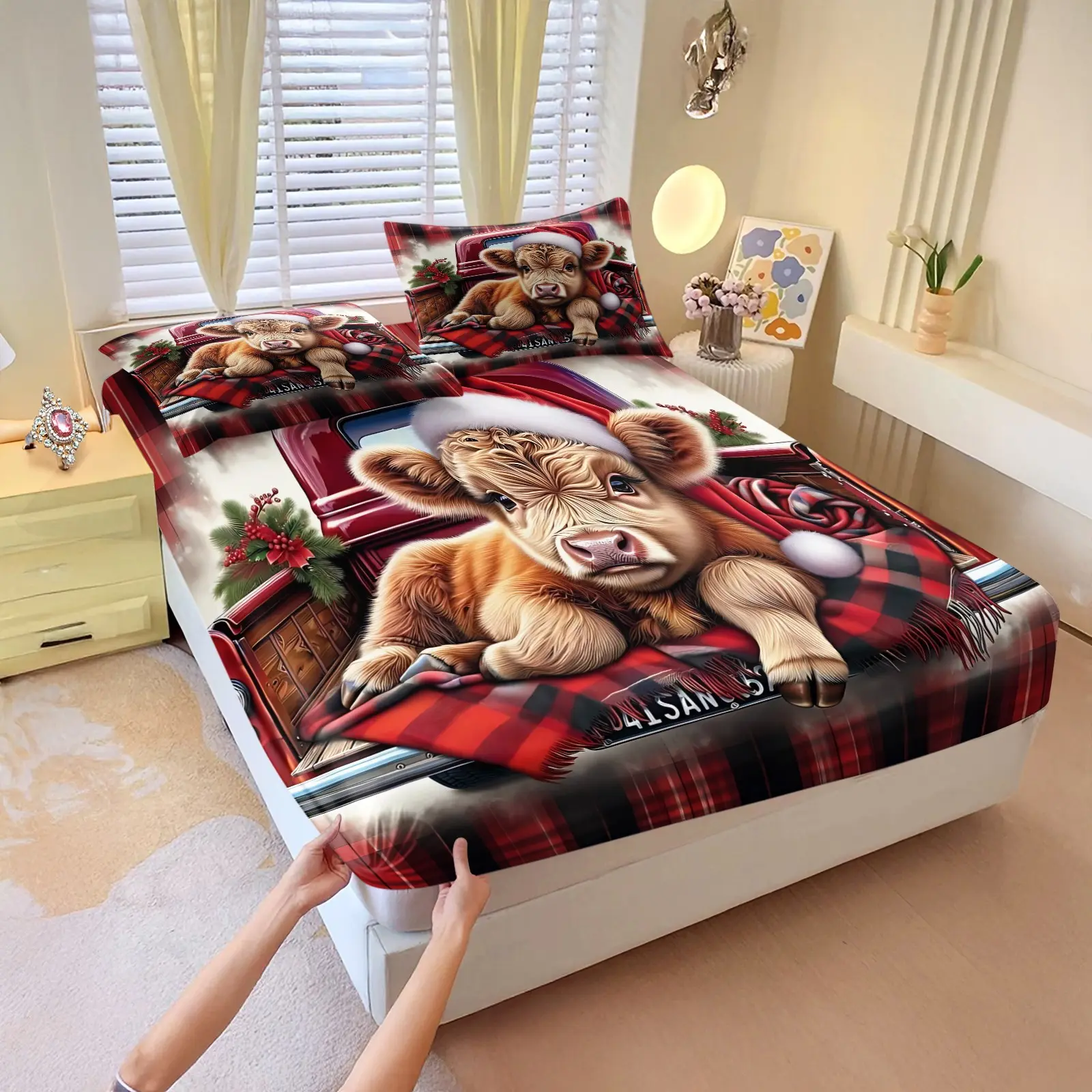 Christmas Highland Cow Pattern Fitted Sheet Set, 3Pcs Red Print Bedding Set, Soft Microfiber, Cozy Breathable, Farm Animal Bedroom Decor, Perfect Choice for Animal Lovers. Includes 2 Pillowcases, No Pillow Core