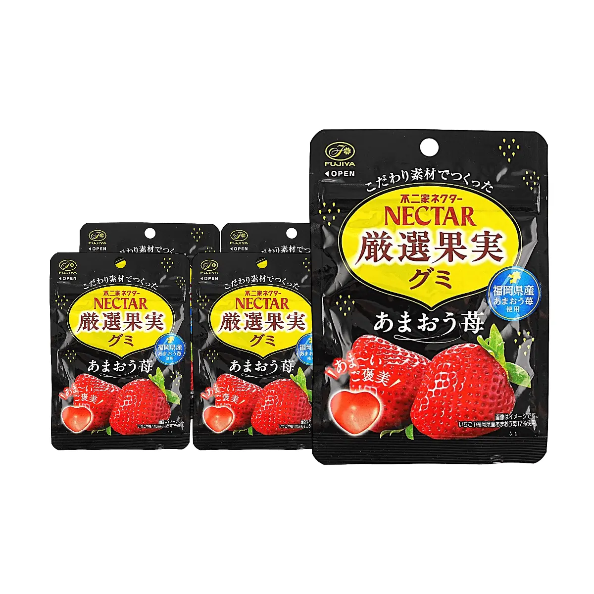 FUJIYA Japan NECTAR Gummy Candy - Amaou Strawberry Flavor, 5 Packs Value Bundle, Real Fruit Juice, Fukuoka Strawberry