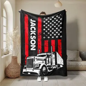 Personalized Truck Blanket, Trucker US Flag Blanket, Custom Name Soft Cozy Sherpa Fleece Throw Blankets, Gift For Truck Driver, Dad, Husband