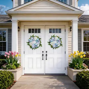 Artificial Blue Hydrangea Daisy Wreath with Butterfly Accents, All-Season Farmhouse Front Door Wall Decor, Perfect Gift for Easter, Wedding and Mother’s Day