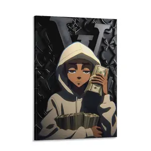 Urban Hip Hop Anime Character Canvas Print, Black Aesthetic Money Stack Wall Art, Trendy Cash Inspired Poster, Decor for Bedroom, Living Room, Dorm, Game Room, Office, Man Cave