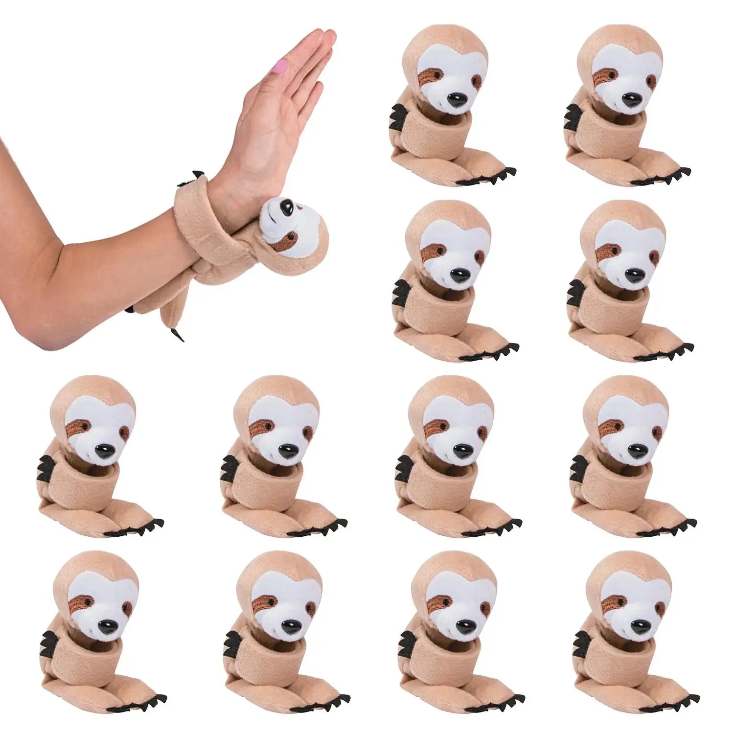 9" Brown & White Hugging Stuffed Sloth Slap Bracelets - 12 Pc., Party Favor, Affordable