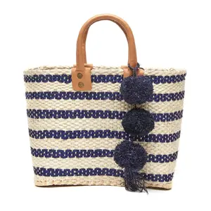 Mar Y Sol Women's Tybee II Strped Mini Handheld Tote Sisal Straw Bag w Pom Pom (Navy)