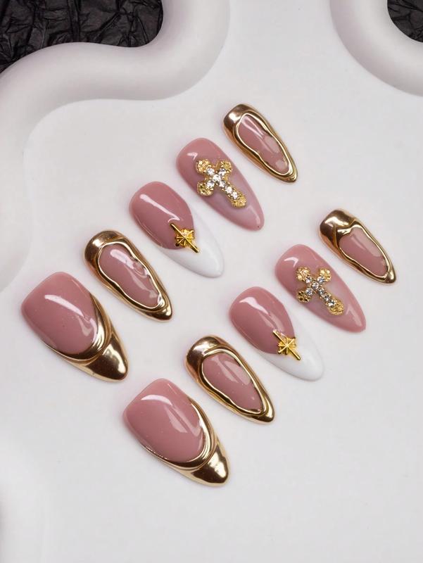 10pcs Handmade Almond Press-On Nails – Y2K Chic Nude, White & Gold Tips with Cross, Star & Metallic Accents, 3 Sizes, DIY Nail Set for Women & Girls, Parties, Weddings & Daily Wear