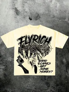 FLY RICH' Money Graphic Short Tee — Hot-Selling Streetwear! Bold Black & White Print, Vintage Washed Black & Oversized Fit For Urban Cool Style. Trendy Statement Top.