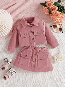 Girls' clothing, girls' set, girls' pink short jacket+matching short skirt, embellished collar+pocket+retro button, girls' birthday gift, Valentine's Day gift, suitable for traveling, going out for parties, school wear, Baby Girl Clothes