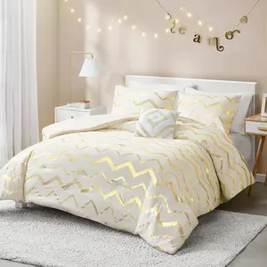 White and  Bed Comforter Set, Cute  and Full Size Golden Teen Girls Bedding, 4 count -  Seasons Warm