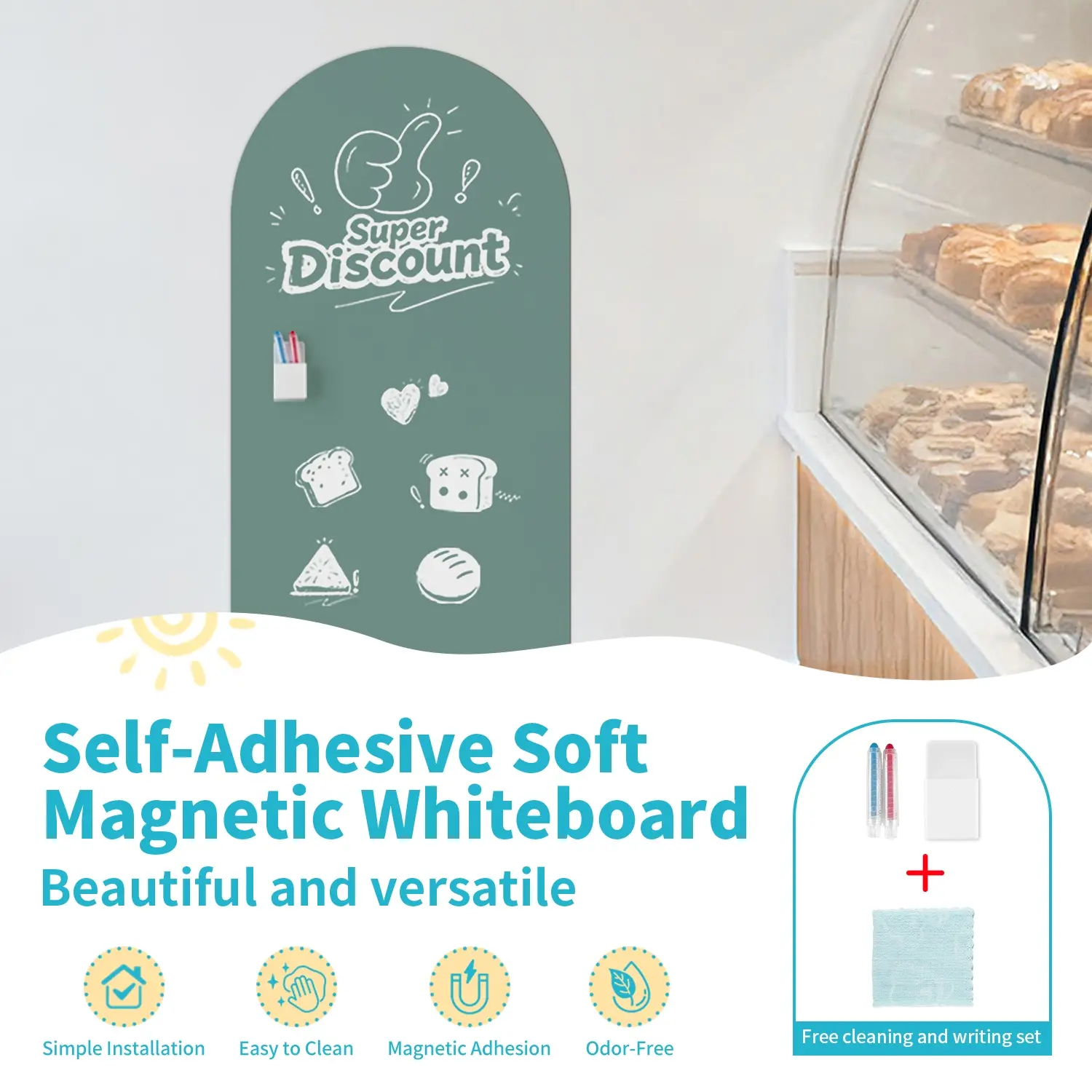 Office Presentation Board, Learning Writing Board, Drawing Board, Restaurant Menu Board, Arc-Shaped Whiteboard Sticker, Self-Adhesive Design