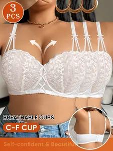 3-Pack Plus Size Underwire Bras, Comfortable Lingerie with Mesh and Lace, Max Support, Loose-Fit, Suitable for All Seasons