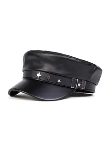 Unisex Star PU Leather Beret Hat, Adjustable Stylish Hat Fitted Design, Casual Outdoor Sun Protection Cap for Spring & Fall Travel Vacation, Adjustable Headwear