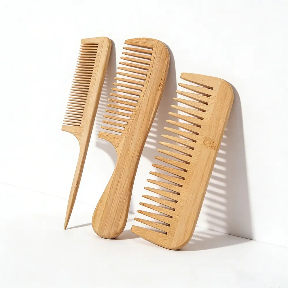 3-Piece Natural Bamboo Wood Comb Set, Includes Pointed Tail Comb and Wide Tooth Comb, Healthy Hair Care and Styling Tools