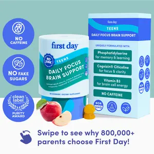 FIRST DAY Teens’ Daily Focus Brain Support Caffeine-Free Gummies – Cognitive Support for Concentration, Focus, Memory & Overall Brain Health Supplement – with Cognizin™, Sunflower Phosphatidylserine, and Vitamin B3 – 30-Day Supply