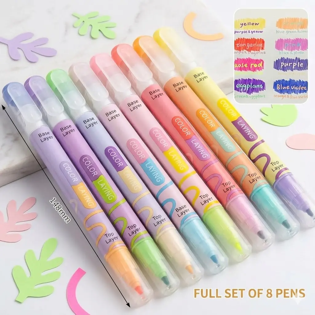 8pcs/set Magic Color-Changing Fluorescent Pen Set, Double-Tip Chisel Tip 8 Soft Colors Fluorescent Markers, Rainbow Pen Diary Cartoon DIY Note Painting, Easter Decoration, Art Supplies