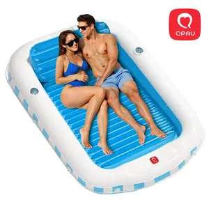 QPAU 2 Person Inflatable Tanning Pool with Extras: Extra Large 82"x60" Sunbathing Float for Adults, Removable Pillow, 2 Cup Holders, Grip Rope & Footrest for Backyard Pool Beach Lounge
