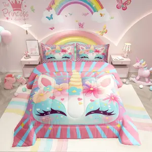 Little Girls Bedding Set,Cute Unicorn Comforter for Kids and Adults,Pink Rainbow Star Rose Floral Bedding Comforter Sets,Unicorn Bedroom Decor