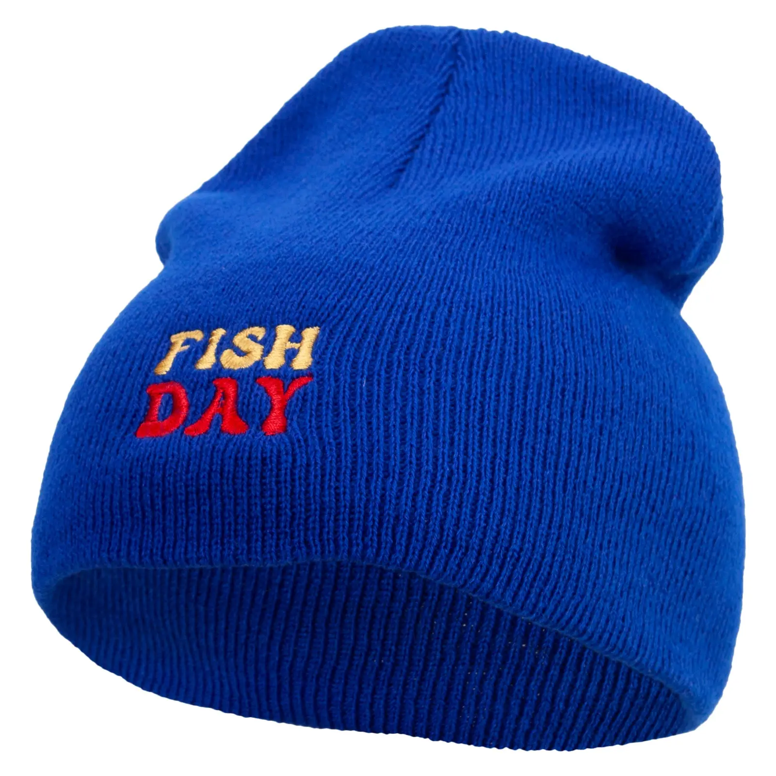 Fish All Day Embroidered 8 Inch Solid Knit Short Beanie
