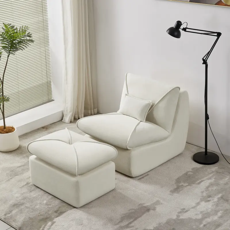 Compressed Ottoman Style Upholstered Lounge Chair - Neutral Contemporary Soft Fabric Solid Tone Armchair, No-Tool Setup, Space-Saving for Small Living Room/Home Office, Indoor Furniture