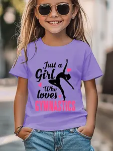 Summer Gym Lover Just a Girl Print Girls Short Sleeve T-Shirt, Cute Cartoon Pattern, Fitted Style, Casual Wear