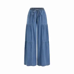 Cider Denim Mid Rise Drawstring Ruched Wide Leg Jeans