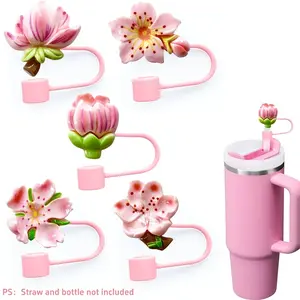 5/10pcs Silicone Straw Covers for 30oz and 40oz Cups, Flower Design Dust Caps, Reusable Straw Tips Protector for 10mm Straws