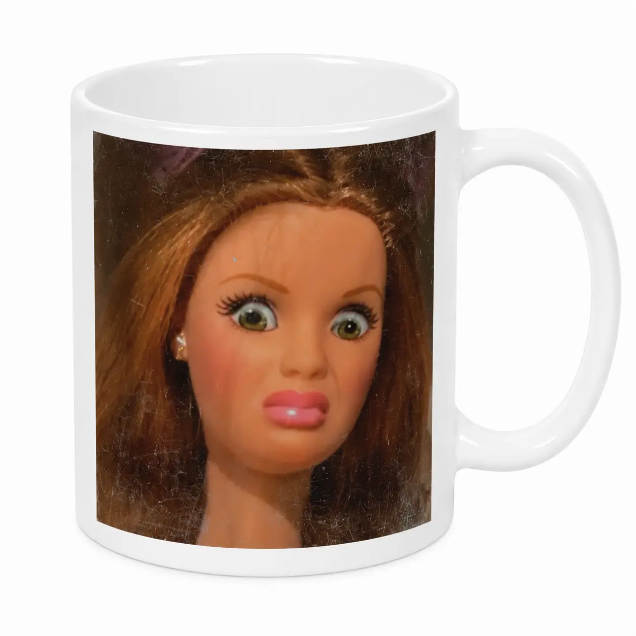 Funny Wide Eyed Doll Face Coffee Mug, 11 oz Ceramic Cup with Handle and Interior, Meme Style Novelty Gift for Women, Friends, Birthday and Office Use
