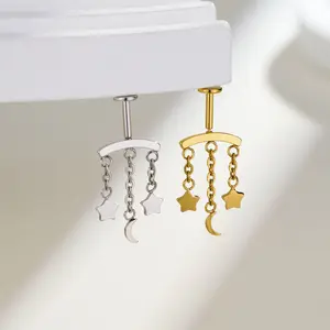 Oufer Vertical Helix Piercing Jewelry Dangle Chain Star and Moon-Push Pin Flat Back 316L Stainless Steel