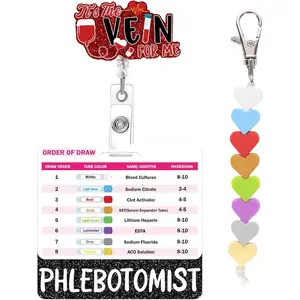 Phlebotomy Badge Reel and Order of Draw Badge Card Set, Cute Its The Vein for Me Retractable ID Holder with Colorful Heart , Gifts for Phlebotomists and Lab Techs