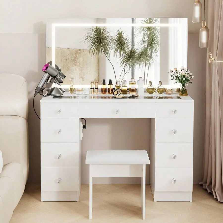 Women's 43" Hollywood Makeup Vanity Desk Set - LED-Lighted Glass Top, 3 Color-Adjustable Settings, Stool, Power Outlet, USB Port, 9 Storage Drawers, Vanity Makeup Desk with Mirror and Lights (Halloween, Thanksgiving Use)