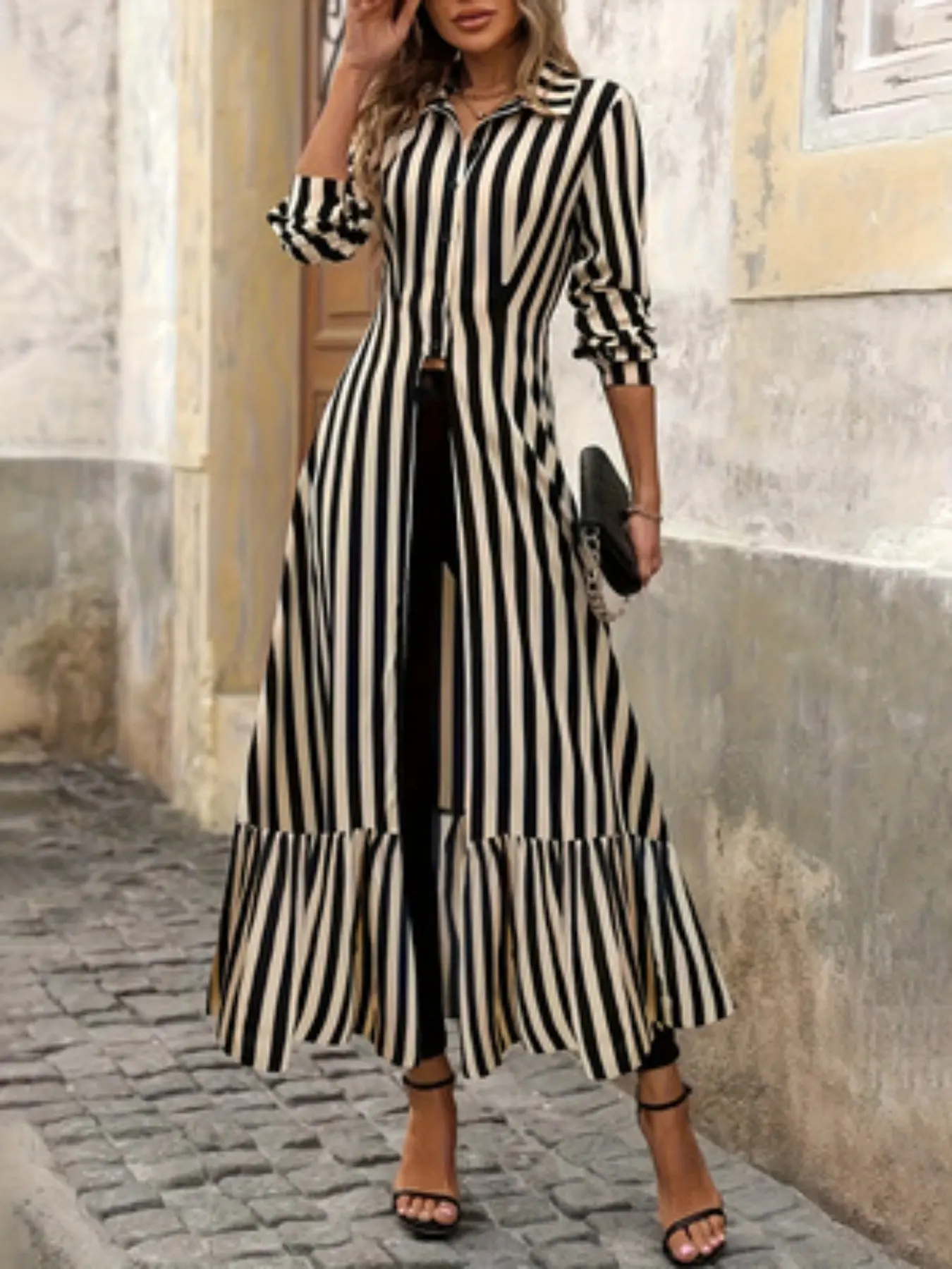 Women's Casual Classy Elegant Collared Chic Striped Print Loose Long Sleeve Shirt, Casual Fashion Wear, Asymmetrical Hem, Split Design, Leaf Trim, Fashionable Blouse