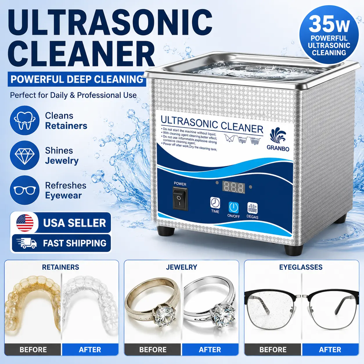 GRANBO Ultrasonic Jewelry Cleaner, 35W 40kHz Ultrasonic Cleaner with Digital Timer & Degas Function for Retainers, Dentures, Jewelry, Eyeglasses & More