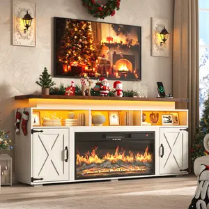 【2Packages Shipping】70.8" Farmhouse Fireplace TV Stand for TVs up to 80" with 36" Electric Fireplace, 32" Tall Entertainment Center with Power Outlet/LED Lights, Media Console w/Sliding Barn Door for Living Room