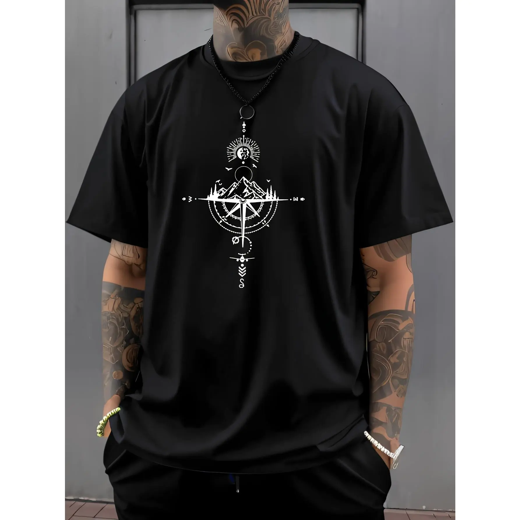 Men's Compass Graphic T-Shirt - Menswear Round Neck Tops, Casual Regular Fit Polyester Spandex Fabric Tee for Summer, Machine Washable Activewear