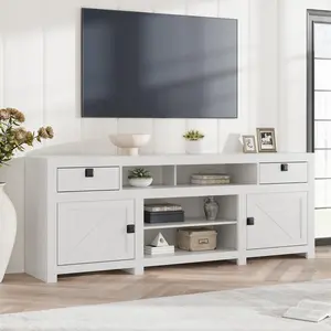 Rustic Farmhouse TV Stand for 75-80 Inch TVs - Long Wooden Entertainment Center with 4 Storage Drawers, 3 Open Shelves, 4 Doors - White and Grey Console Cabinet for Living Room or Bedroom