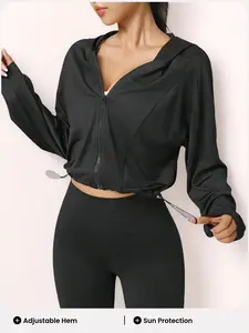 Women's Trendy Zipper Hooded Short Jacket, Adjustable Drawstring Hem Sportswear, Casual Fitted Plain Top for Outdoor Fitness