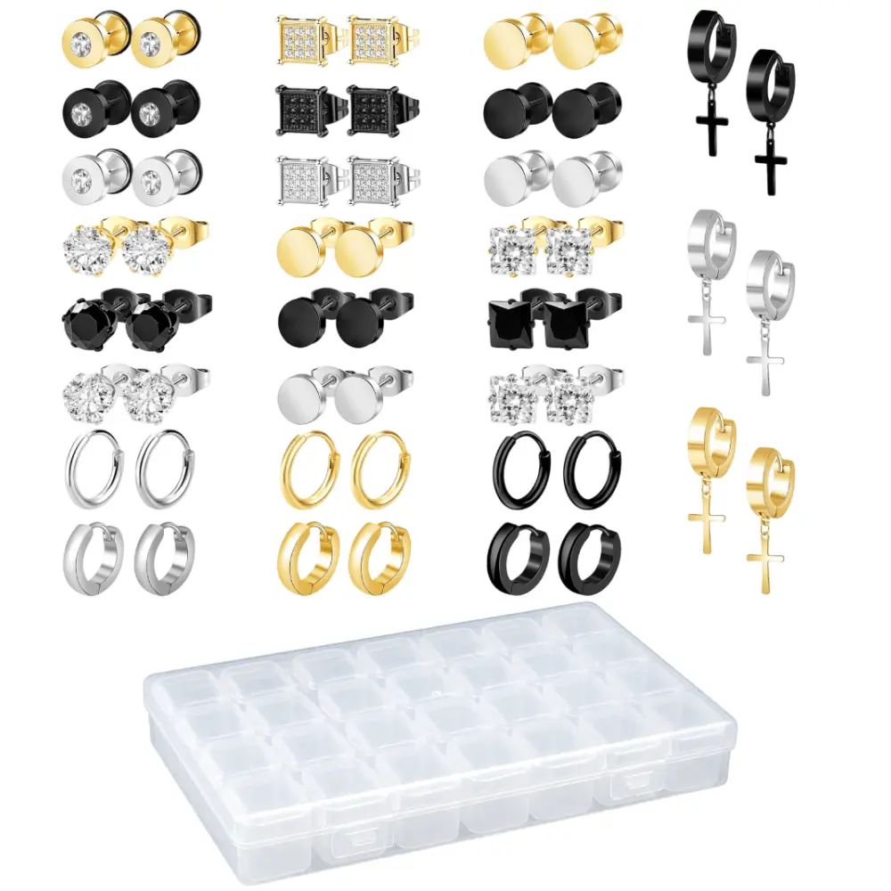 Pack Of 27 Men'S Earring Set, Stainless Steel Earring Set,Cross Pendant Earrings, Punk Ear Clips, Hoop Earrings, Fashion Earrings, Trendy Ear Bone Studs, Daily Wear Ear Bone Rings