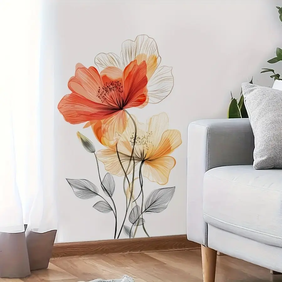 Simple Line Art Flower Wall Sticker, Gradient Floral Decorative Removable Decal, Wall Decals for Living Room Bedroom Background Art Stickers
