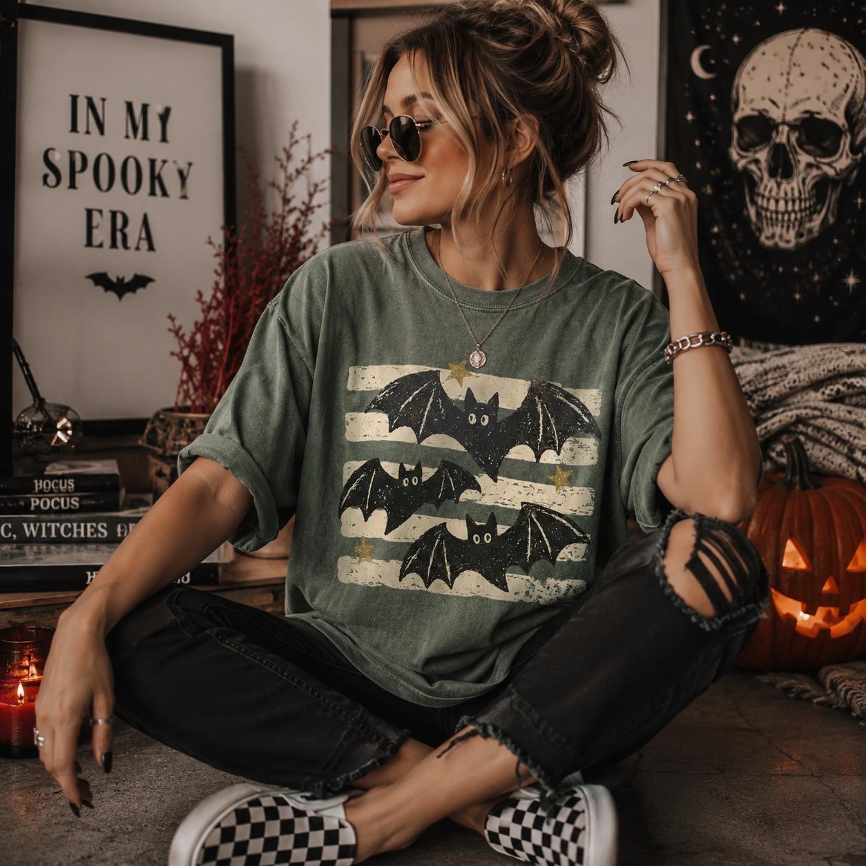 Comfort Colors Vintage Bat Halloween T-Shirt, Retro Spooky Season Tee, Comfort Colors Fall Top, Boho Witchy Goth Apparel, Cute Oversized Cottagecore Gift-Tiffany Graphic Tee