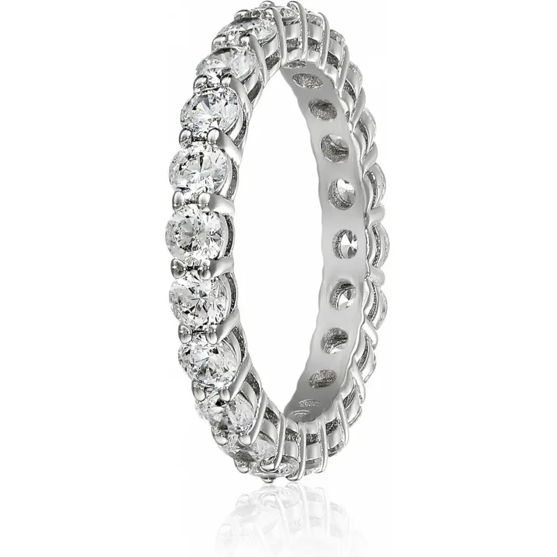 Sterling Silver Band Ring - 3.5mm, 99.9% Platinum or Gold Tone Plating, Smooth High-Polish Layer, Full-Eternity Design, Encrusted with 3mm Round-Cut Infinite Elements Cubic Zirconia Round CZ Stones