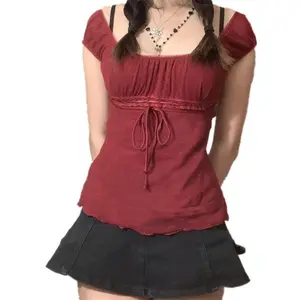 Women Y2k Cute Crop Top Y2k Girls Fairycore Aesthetic Tie front T-shirt Top Vintage Shirt Sleeve Fairy Grunge Shirt Streetwear(Raincoats)