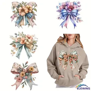 6 DIY Floral Bow DTF Transfer Stickers, Handicraft Washable Heat Transfer Designs, No-Iron for T-Shirts, Masks, Jeans, Backpacks