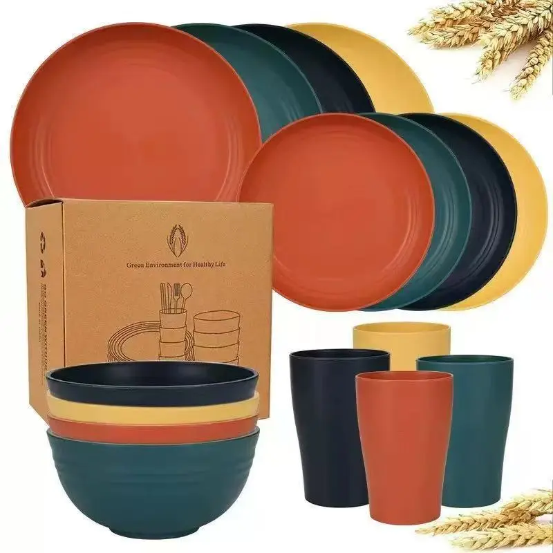 16-Piece Wheat Straw Plates and Bowls Set for 4 - Non-Plastic Reusable Unbreakable Dinnerware with Cups, Dessert Parfait Cups, Dishwasher Safe, Colorful for Party & Everyday Home Use