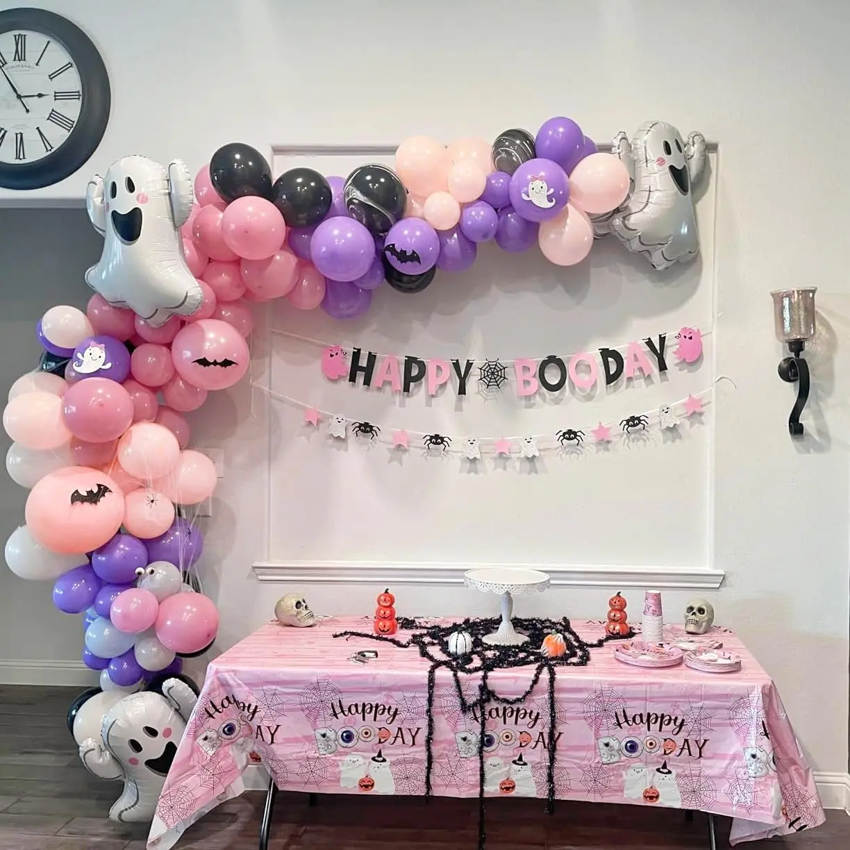 131PCS Halloween Balloon Garland Arch Kit, Pastel Pink Purple Orange Balloon Garland with Spider Web, Cute Ghost Foil Balloons, Halloween Baby Shower, Birthday Party, Indoor Outdoor Halloween Decorations