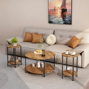 3-Piece Coffee Table and End Table Sets for Living Room, Round Coffee and End Table Set of 3 with Large Storage, Modern Farmhouse Furniture for Apartment Home