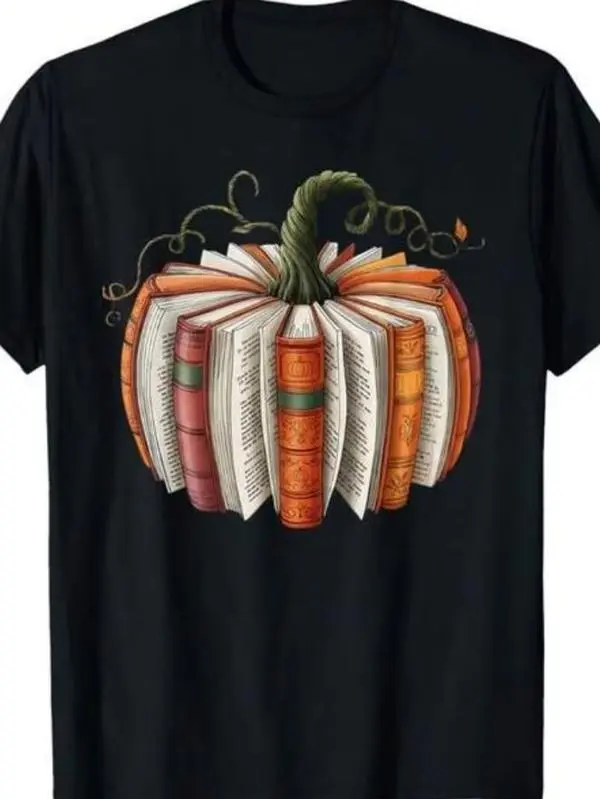 1pc Vintage Book Pumpkin Autumn T-Shirt | Round Neck, Comfortable, Graphic Print, All-Season, Perfect for Men and Women, Casual Style, Short Sleeve, Slight Stretch Fabric, Plus Size