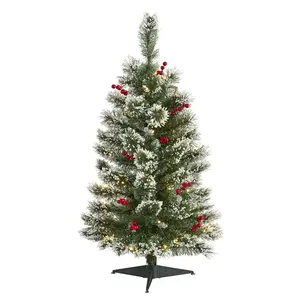 3’ Frosted Swiss Pine Artificial Christmas Tree with 50 Clear LED Lights and Berries