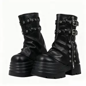 Casual Gothic ankle folding boots for women Y2k thick sole low heel autumn lazy thick sole boots motorcycle buckle zipper design fashionable buckle black boots girls concert clothing all season walking shoes shoes